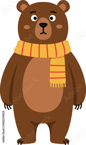 Brown bear wearing striped scarf standing upright in simple cartoon style vector illustration 