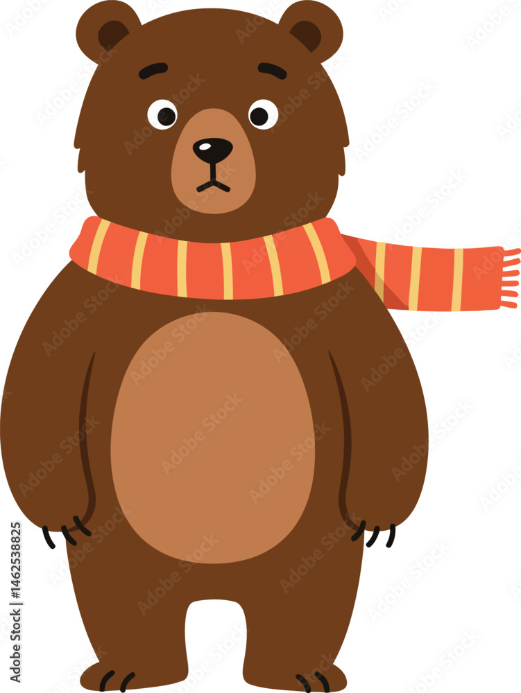 Obraz premium Brown bear wearing red and orange striped scarf cute standing animal illustration vector design 