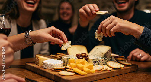 Cheese board and wine tasting party with friends gourmet cheese platter and crackers sharing food concept