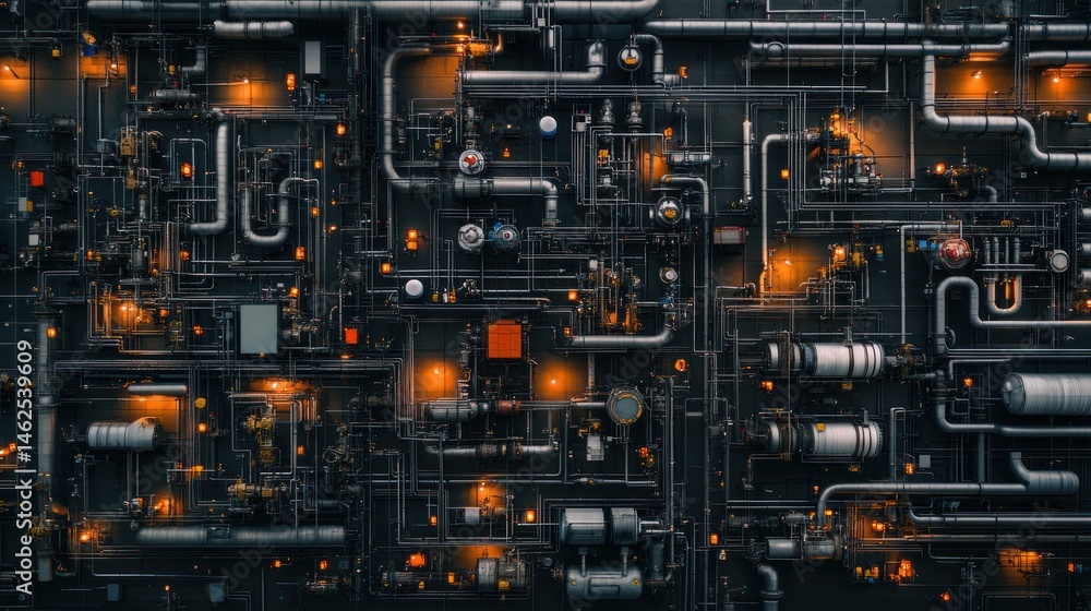 Fototapeta premium Complex industrial piping system with intricate valves and gauges technical design