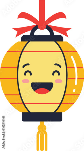 Happy yellow paper lantern with red ribbon bow and tassel vector illustration for festive decoration and celebration purposes 