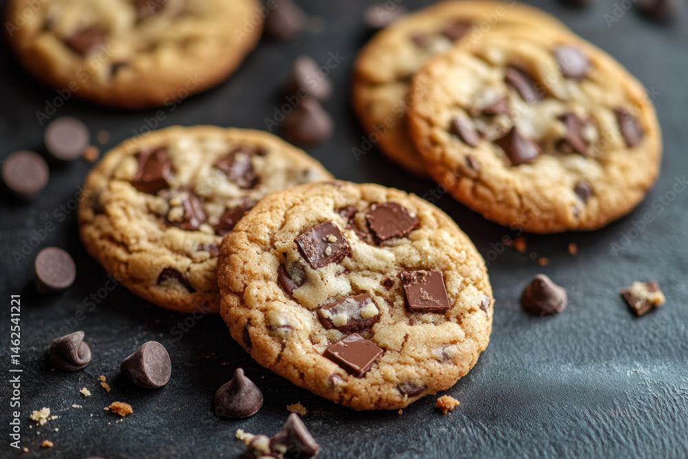Freshly baked chocolate chip cookies with gooey chocolate chips cooling on a wire rack. Freshly baked chocolate chip cookies with gooey chocolate chips cooling on a wire rack.
