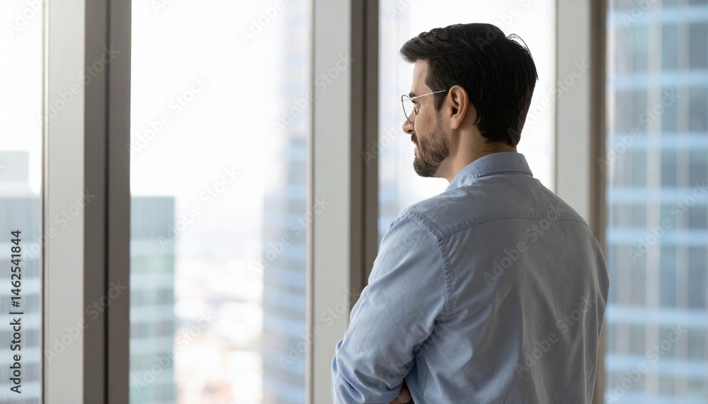 A man leaning against a window in his office looking out the window A man leaning against a window in his office looking out the window