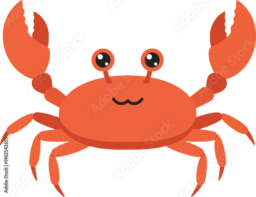 Crab vector illustration with raised claws and cute eyes in flat design for marine and beach themes 