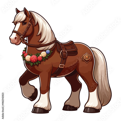 Cartoon Brown Horse with White Mane and Tail Adorned with Flowers and Saddle in a Cheerful Isolated Style