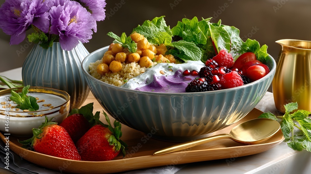 Colorful Healthy Bowl with Fresh Fruits, Vegetables, and Yogurt on a Wooden Tray