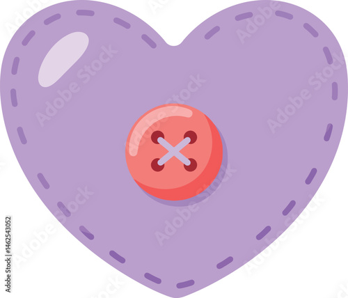 Heart shaped purple fabric patch with red button sewing accessory vector illustration 
