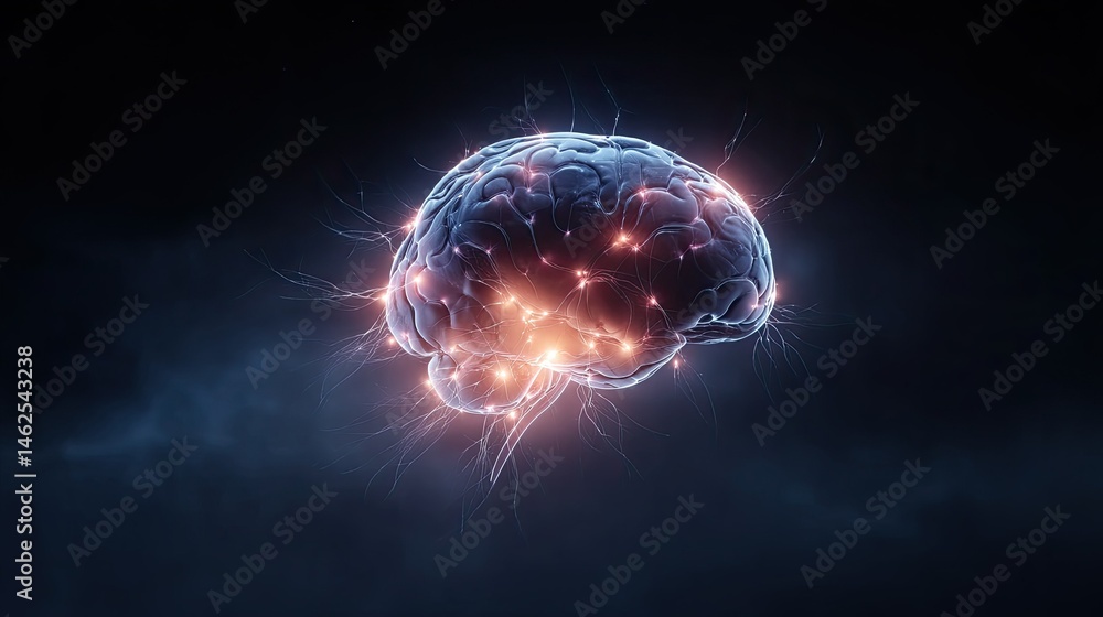 A glowing brain with electric sparks, symbolizing intelligence and creativity. A glowing brain with electric sparks, symbolizing intelligence and creativity.