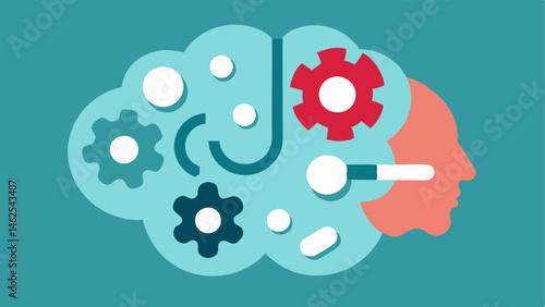 Gears in the Brain A brain with visible gears turning inside suggesting that the pills serve as lubricants or enhancers of thought processes and mental functions.
