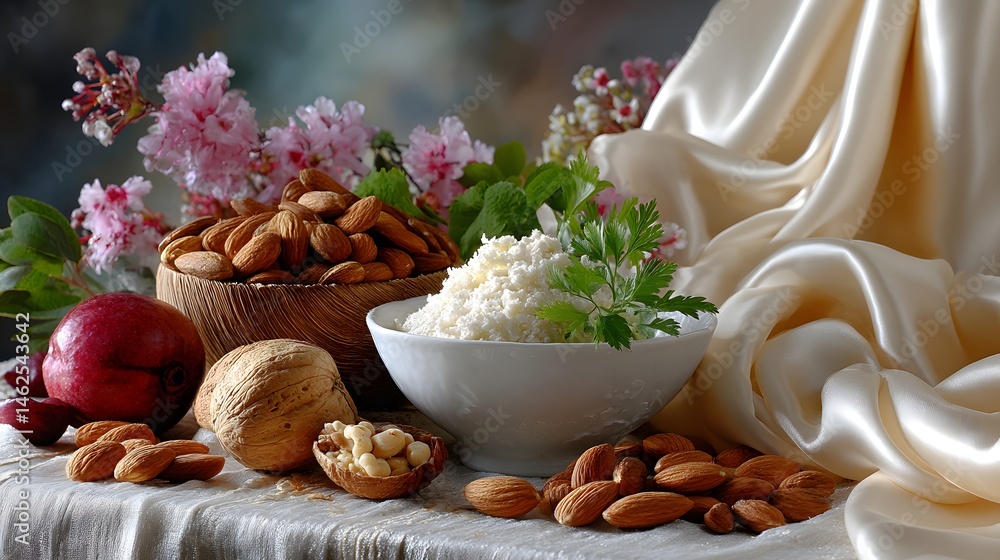 Fresh Ingredients on Elegant Table with Almonds, Nuts, Apples, Cheese, and Flower Arrangement