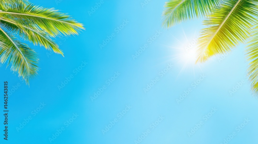 Fototapeta premium Tropical blue sky with palm fronds and sun flare perfect summer vacation getaway
