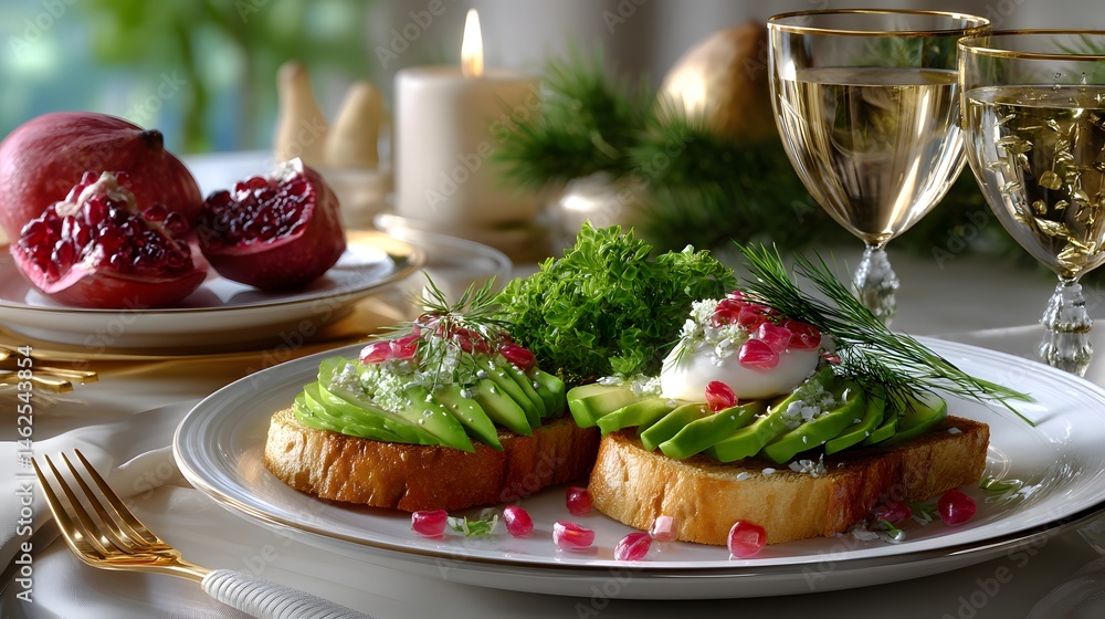 Elegant Table Setting with Avocado Toast, Pomegranate, and Fine Dining Glassware