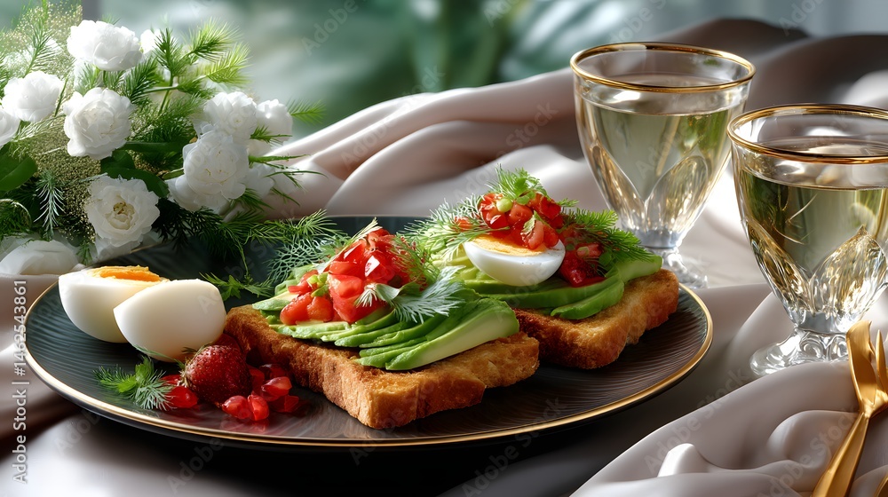 Delicious Avocado Toast with Eggs and Fresh Tomatoes on a Stylish Plate with Elegant Glasses