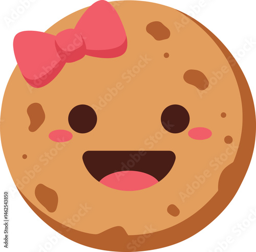 Cute smiling chocolate chip cookie with pink bow vector illustration in kawaii style for children and food design 