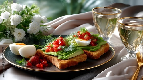 Obraz na płótnie Delicious Avocado Toast with Eggs and Fresh Tomatoes on a Stylish Plate with Elegant Glasses w salonie
