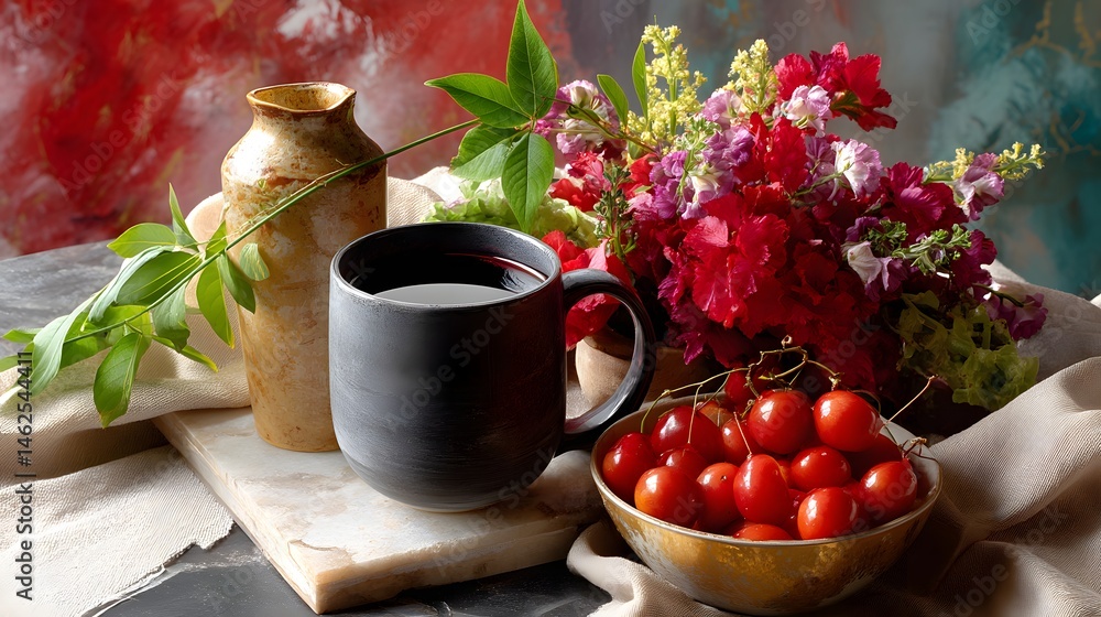 Still Life Arrangement with Coffee Mug, Red Flowers, Tomatoes, and Decorative Pot on Surface