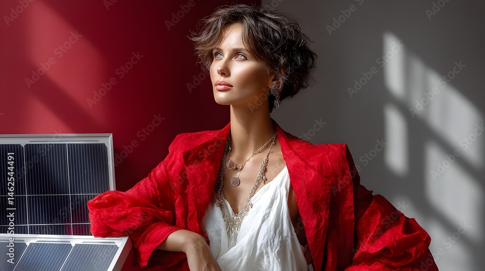 Elegant Woman with Short Hair in Red Jacket Posing Near Solar Panels and Soft Natural Light