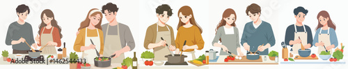 young couple cooking together in the kitchen style vector flat design