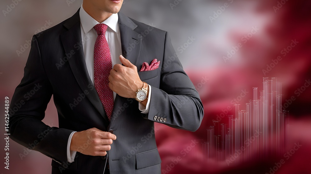 Businessman in Formal Attire Adjusting Suit with Financial Background of Rising Graph Elements