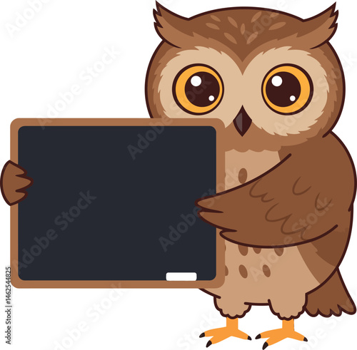 Owl holding blank blackboard sign vector illustration with big eyes and brown feathers for education or message display 