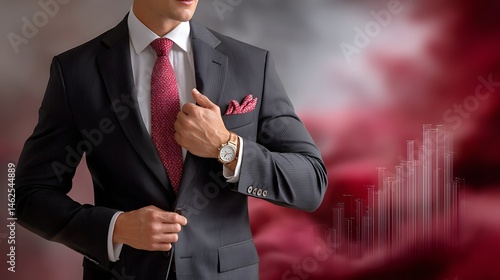 Obraz na płótnie Businessman in Formal Attire Adjusting Suit with Financial Background of Rising Graph Elements w salonie