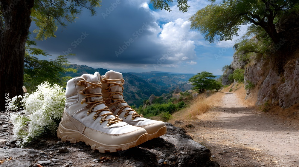 Hiking Boots on a Rocky Pathway with Scenic Nature Background and Dramatic Sky