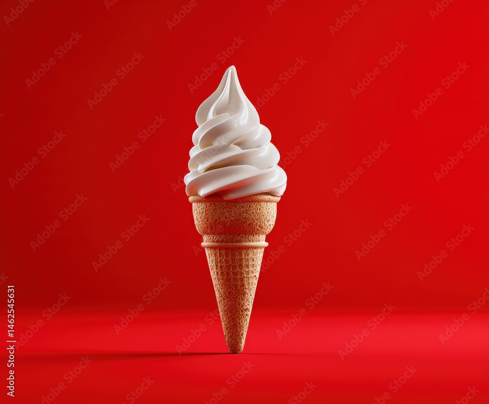 Classic soft serve ice cream cone on a red background Classic soft serve ice cream cone on a red background