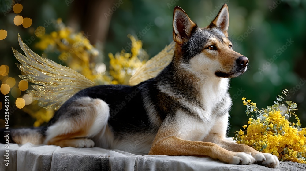 Elegant Dog with Golden Wings in Enchanted Garden Surrounded by Yellow Flowers and Glitter