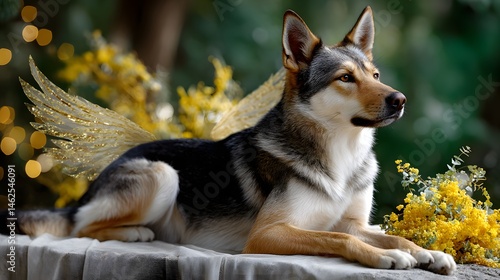 Obraz na płótnie Elegant Dog with Golden Wings in Enchanted Garden Surrounded by Yellow Flowers and Glitter w salonie