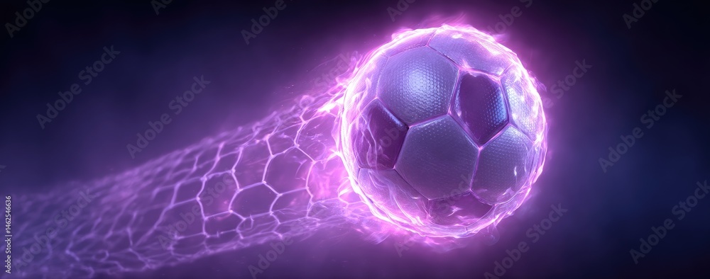 Naklejka premium Soccer Ball Surrounded by Purple Energy Trails on a Dark Background Creates a Sense of Motion and Power