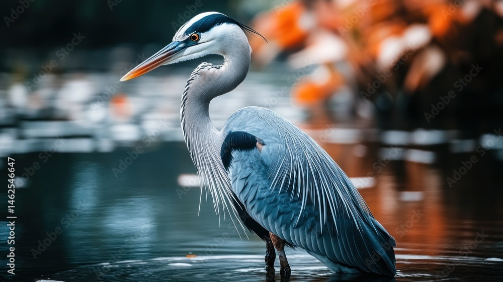 Naklejka premium Elegant heron poised by tranquil water