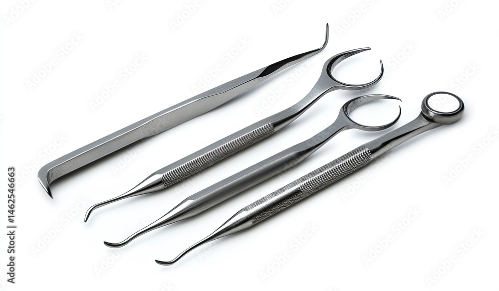 Dental tools arranged in a set. Four dental instruments, including periodontal probes and a mirror, are shown in various configurations, likely for examining and cleaning teeth Dental tools arranged in a set. Four dental instruments, including periodontal probes and a mirror, are shown in various configurations, likely for examining and cleaning teeth
