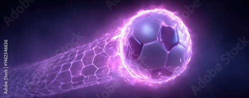 Soccer Ball Surrounded by Purple Energy Trails on a Dark Background Creates a Sense of Motion and Power