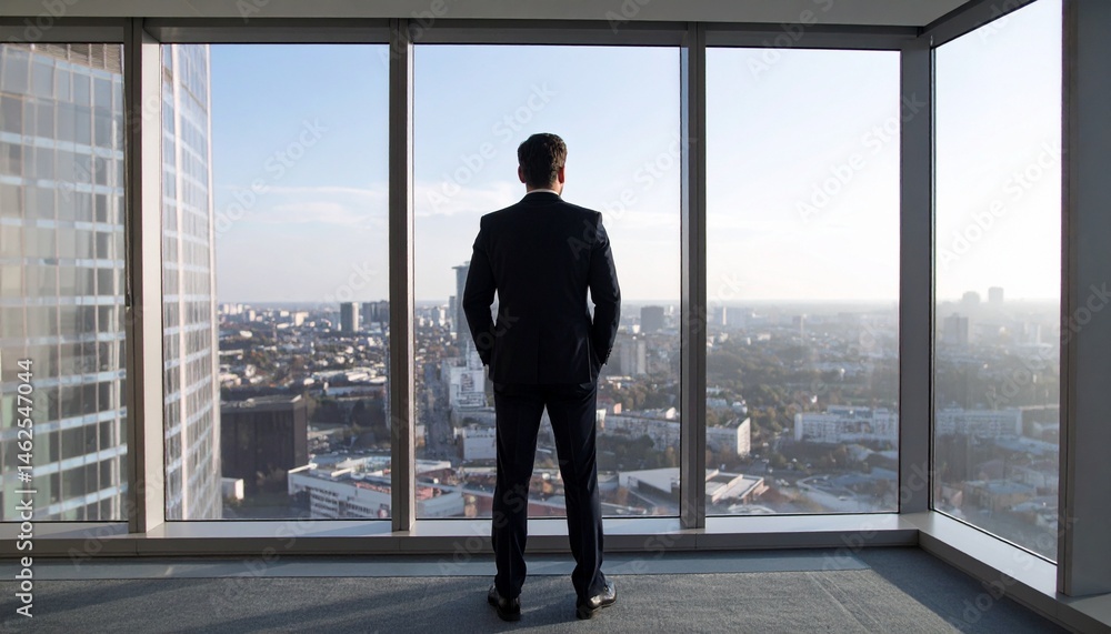 A man leaning against a window in his office looking out the window A man leaning against a window in his office looking out the window