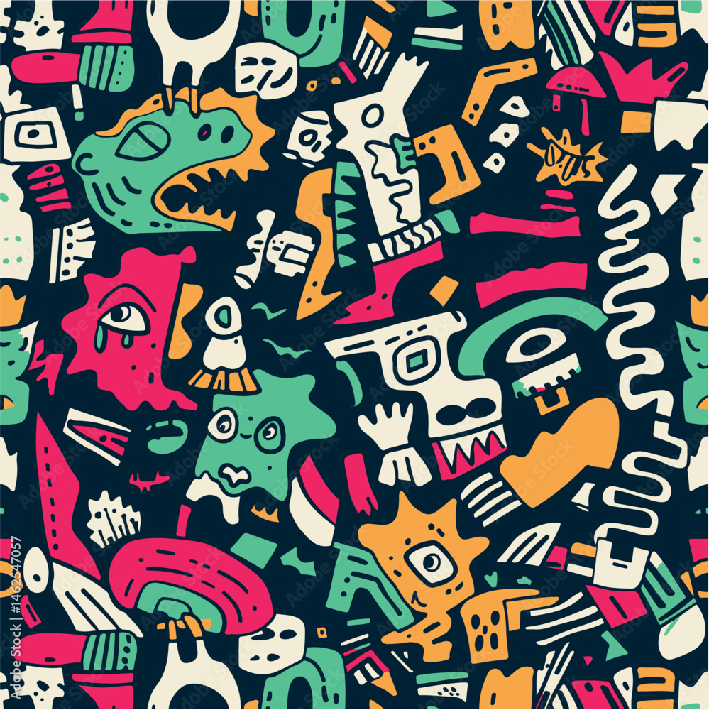 Colorful Hand-Drawn Abstract Pattern with Fun Elements Colorful Hand-Drawn Abstract Pattern with Fun Elements