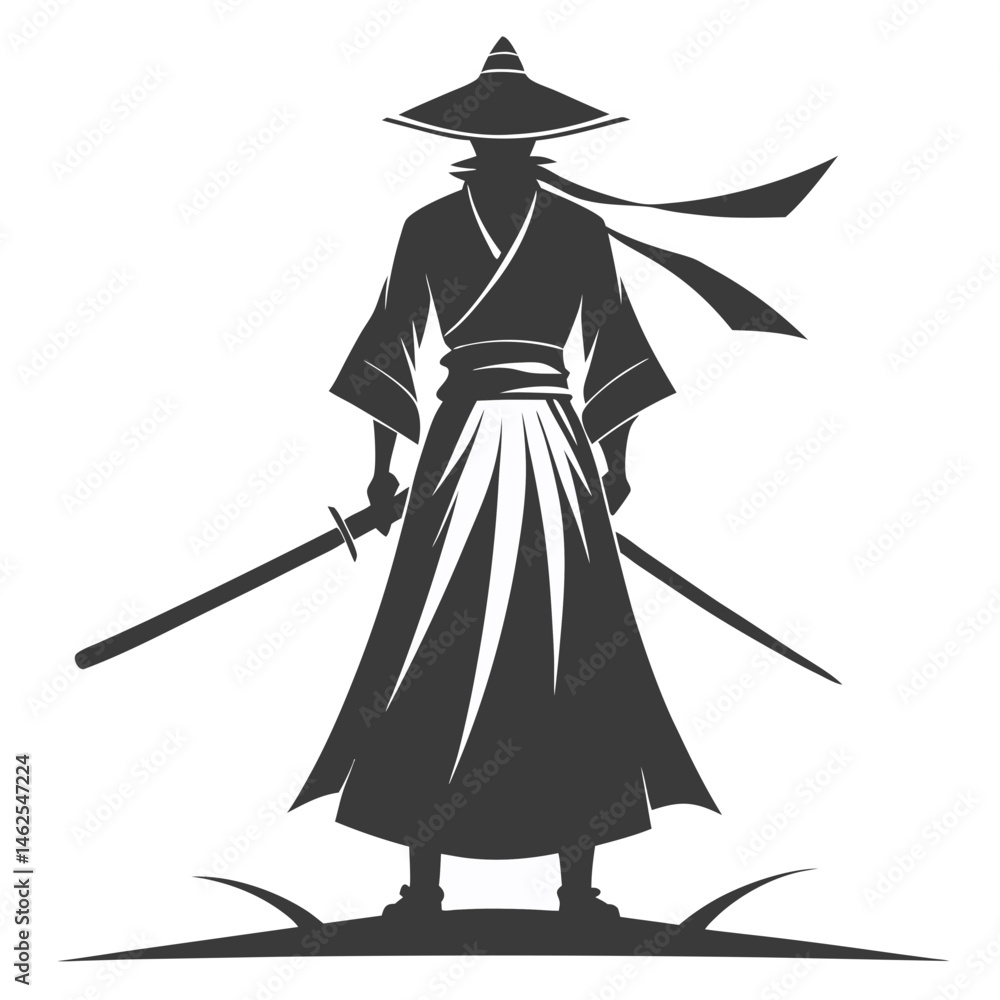Obraz premium Silhouetted Japanese Samurai Warrior with Dual Katanas and Straw Hat 