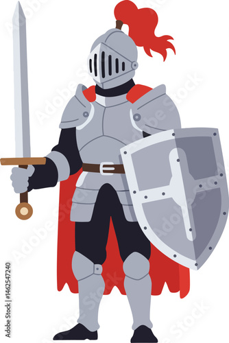 Medieval knight in silver armor holding sword and shield with red cape vector illustration 