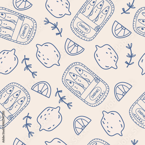 La dolce vita doodles seamless pattern sardines and lemons. Blue on light beige vector illustration of italian style hand drawn posters. Wall art prints decor for invitations, menus design.