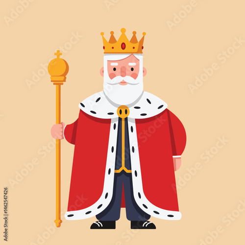 King wearing red royal robe and golden crown holding scepter vector illustration in flat design style 