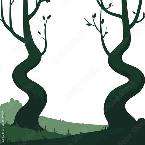 Twisted tree trunks with sparse leaves in green grassy landscape vector illustration for nature design 