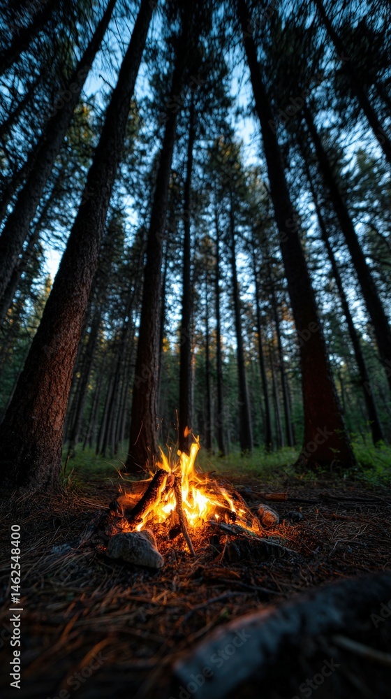 Campfire burning bright in a serene forest at dusk