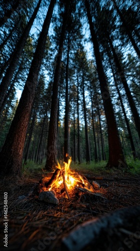 Obraz na płótnie Campfire burning bright in a serene forest at dusk w salonie