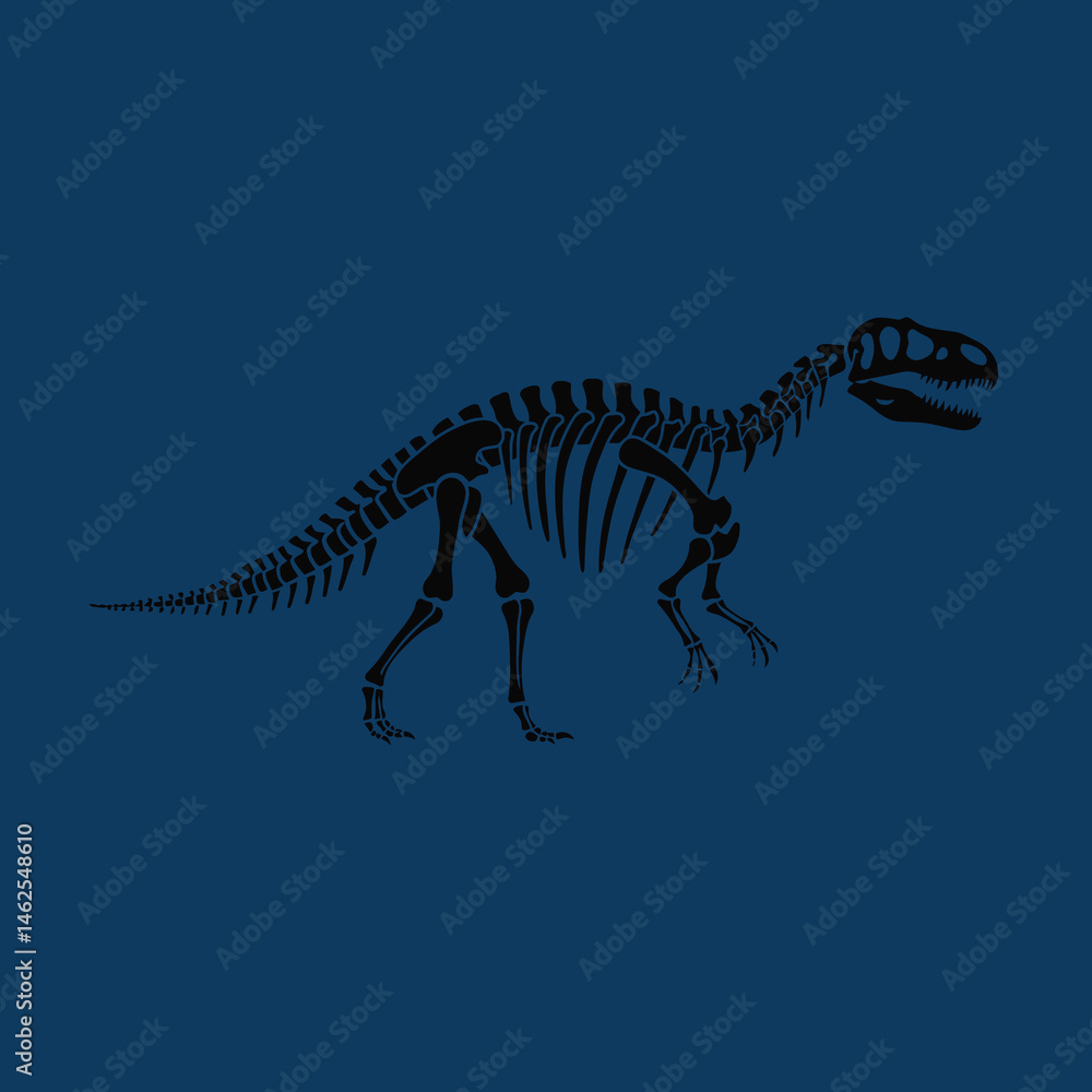 Tyrannosaurus rex dinosaur skeleton silhouette on dark blue background vector illustration with prehistoric theme Tyrannosaurus rex dinosaur skeleton silhouette on dark blue background vector illustration with prehistoric theme
