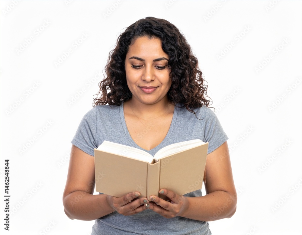 Frau die ein Buch ließt isoliert auf weißen Hintergrund, Freistellerwoman with book Frau die ein Buch ließt isoliert auf weißen Hintergrund, Freistellerwoman with book