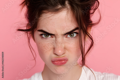 Angry young brunette woman close-up with fierce look, wrinkled nose, freckled skin, green eyes, messy hair, pink background, intense emotion, beauty portrait template, minimal style