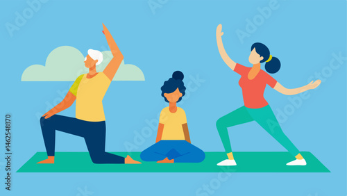 Gentle Movement An image of individuals participating in a gentle stretching session featuring a person with a mobility aid another in a standing stretch and one seated all on