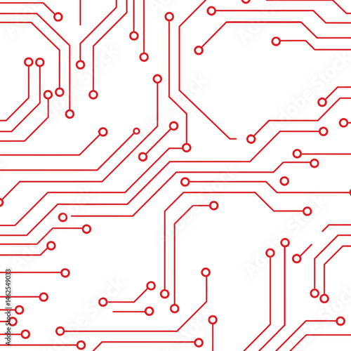Red electronic circuit board pattern vector illustration with connected nodes and pathways design elements 