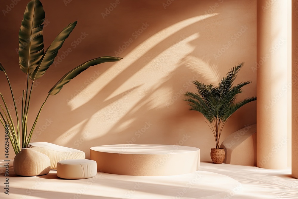 Empty beige pedestal platform with tropical plants in a sunlit room. Empty beige pedestal platform with tropical plants in a sunlit room.