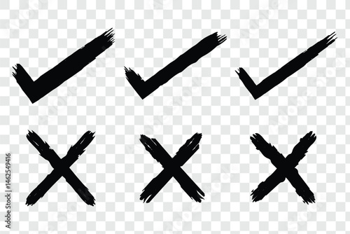 checklist icons, sketch checkboxes, tick and cross symbols. Crayon checkmark element. Cross brush signs 