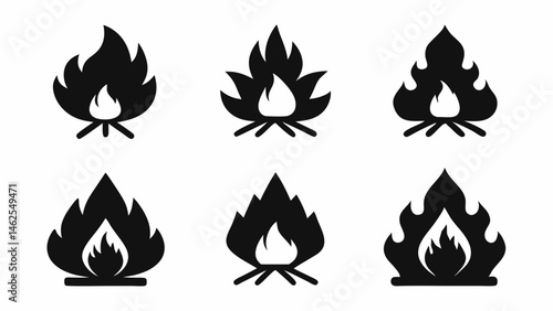 Bonfire Icon set,camp fire flame black  silhouette vector set